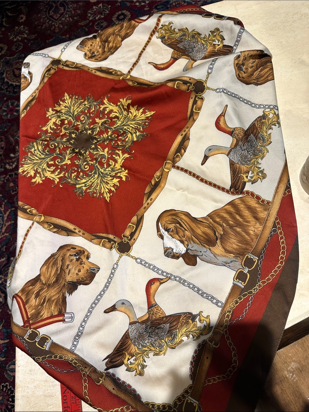 Dog Pattern Silk-Style Pet Scarf in Red and Cream